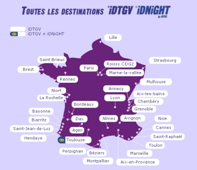 Carte des destinations iDTGV
